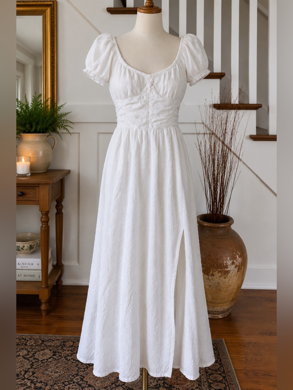 Hollister White Puff-Sleeve Maxi Dress with Side Slit